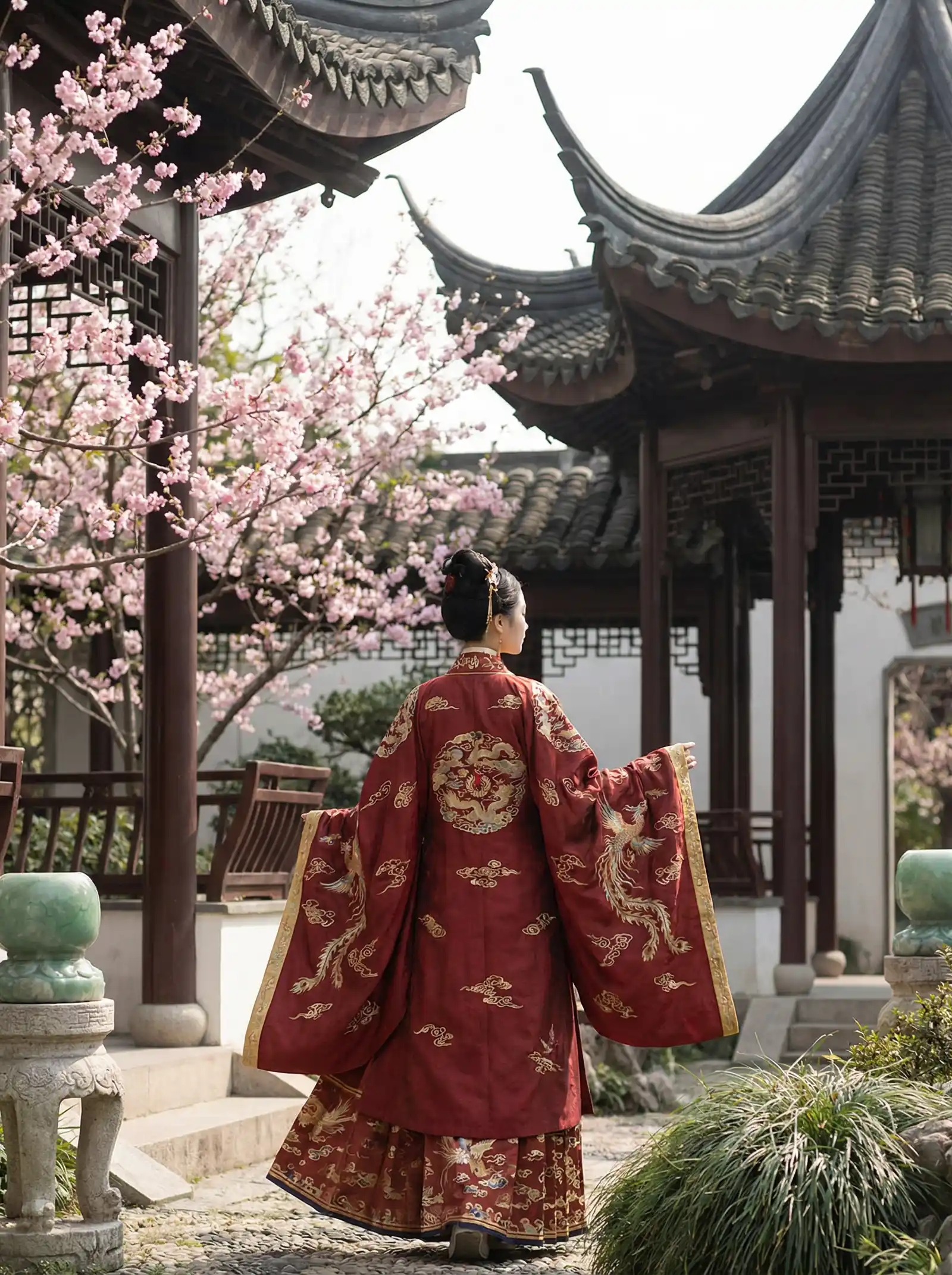 国产一线二线三线女装品牌 明制汉服红色凤凰刺绣